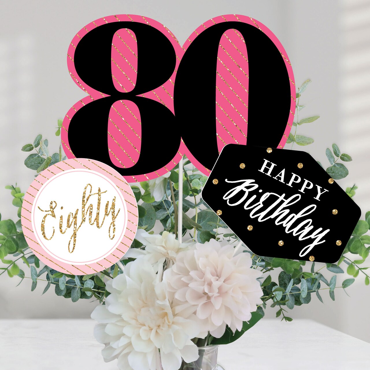 Big Dot of Happiness Chic 80th Birthday - Pink, Black and Gold - Birthday Party Centerpiece Sticks - Table Toppers - Set of 15